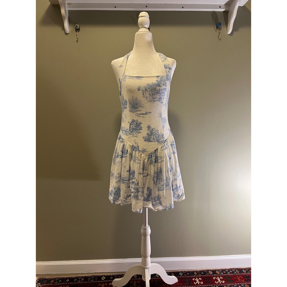 Sky to Moon Blue White Toile De Jouy Halter Mini Dress V-Waist Cottagecore